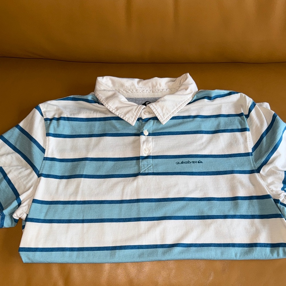 Quiksilver Off White, Light Blue & Dark Blue Striped Polo